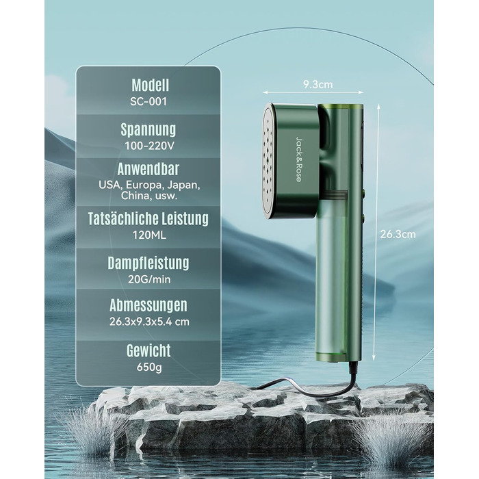 Портативний відпарювач для одягу Steamer 2-в-1 1000W, для глобальних подорожей, зелений