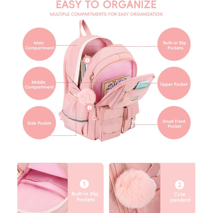 Рожевий шкільний рюкзак для дівчаток Tanou, 9-16 років, великий, водонепроникний, з брелоком