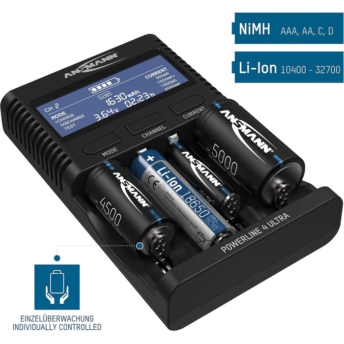 Зарядний пристрій ANSMANN для NiMH/Li-Ion акумуляторів AAA, AA, C, D (10340-26650) з USB, 4 програми + 4xAAA акумулятор