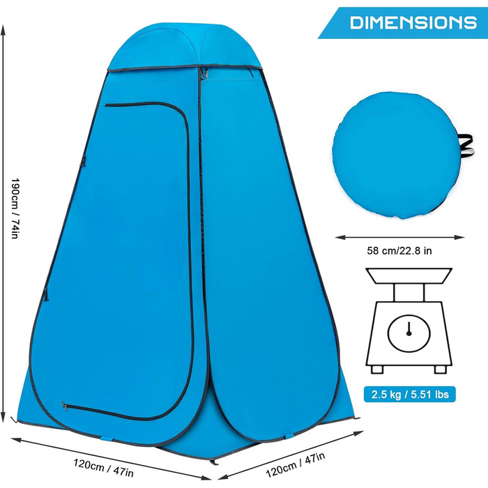 Намет для душу Brian & Dany, намет для туалету Pop Up, переносний роздягальня з захистом від дощу та вікнами, намет-роздягальня для відпочинку на природі, UPF 50+ водонепроникний, 120 x 120 x 190 см, блакитний