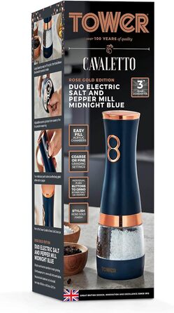 Електричні мельниці для солі та перцю Tower, працюють від батарейок, з регульованими керамічними жорнами, рожеві та рожево-золоті, T847004PNK (Темно-синій)