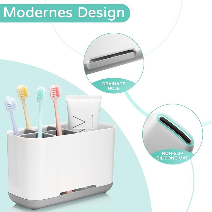 Тримач для зубних щіток, органайзер для електричної зубної щітки, регульований підставка з пластику з неслизьким дном, 4 відділення для зубних щіток + 2 відсіки для зберігання