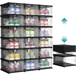SONGMICS Shoe Cabinet Set, with 18 Shoe Boxes, Integrated Shoe Organizer, Foldable, Portable, for Shoes up to Size 46, 1-Minute Assembly, Transparent-Cloud White LSP207W01 (Transparent + Ink Black, 3)