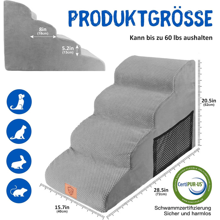 Dog stairs, dog stairs 50cm high, pet stairs 4 steps, removable non-slip foam dog ramp, dog stairs for small dogs and cats, washable cat stairs