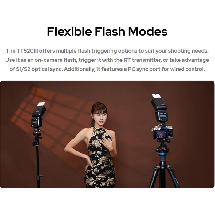 Спалах для камери Godox TT520III, швидка зарядка 1.8с, 400x потужність, сумісний з Canon, Nikon, Panasonic, Olympus, Pentax (без TTL)