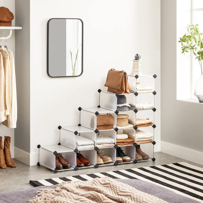 SONGMICS Shoe Rack with 16 Cubes, Interlocking Plastic Shoe Organizer, DIY Storage Cabinet for Closet, Entrance, Bedroom, Garage, Space-Saving Design, 30.5 x 89.9 x 69.8 cm