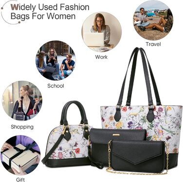 Bagsure Сумка жіноча 4 в 1: сумка-шопер, сумка на плече, ділова сумка для офісу, школи, подорожей (квітковий принт)