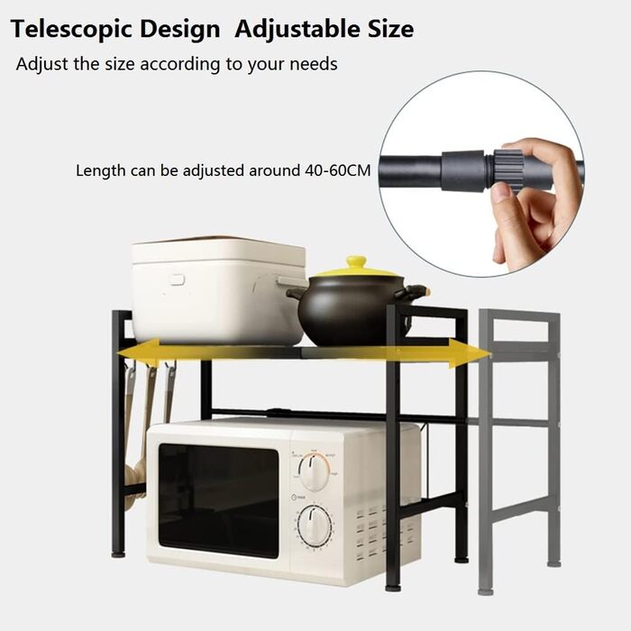 Adjustable Microwave Rice Cooker Stand Holder Kitchen Countertop Storage Organizer Shelf Freestanding Expandable Spice Rack (1 Tier, Black)
