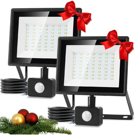 Aigostar 20W LED Floodlight with Motion Sensor Outdoor, 1650LM 6500K Cool White Outdoor Floodlight, IP65 Waterproof Spotlight, Outdoor Light for Garden, Courtyards, Garage, Hotel, 2PC (50W, 2PC)