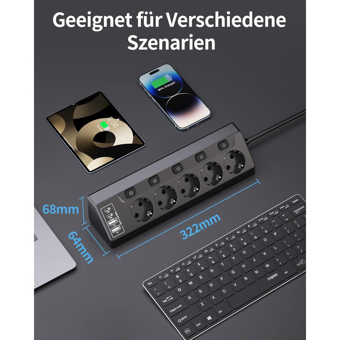 Мережевий фільтр 5-фазний з USB та LED, чорний - для дому, кухні, офісу