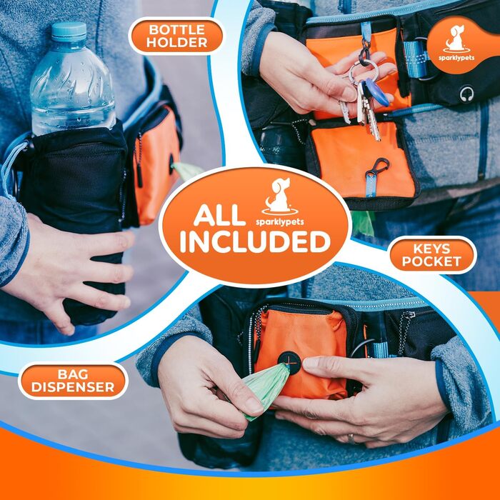 Спортивна повідка на талію для собак SparklyPets - Hands Free для середніх та великих порід. Комплект: тримач для телефону, пакети для екскрементів, кишеня для ласощів та тримач для пляшки. Оранжевий, для двох собак