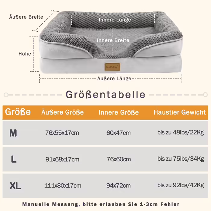 Orthopedic Dog Bed for Large Dogs - Dog Basket, Dog Sofa, Washable with Egg-Shaped Foam, Dog Couch with High Edge and Non-Slip Bottom for Large Dogs, 111x80cm (M - 76x55cm)