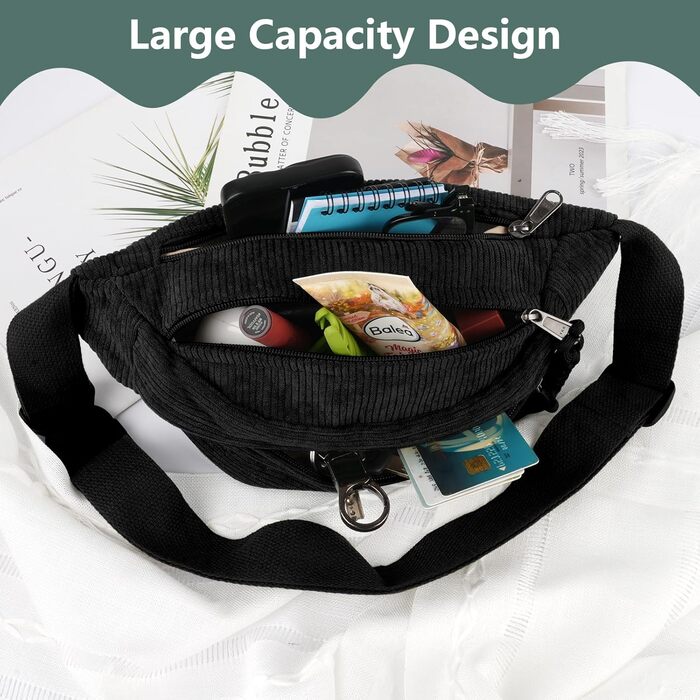 Жіноча сумка через плече, поясна сумка, сумка кросбоді з корду, стильна та практична нагрудна сумка, сумка на пояс, на стегно, для спорту, подорожей, бігу, школи, зелена (чорна)