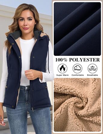 Жіноча степкова жилетка Tuopuda з капюшоном, флісова підкладка, тепла зимова куртка без рукавів, термо жилетка з коміром-стійкою, на блискавці, осінь/зима (темно-синій, XXL)