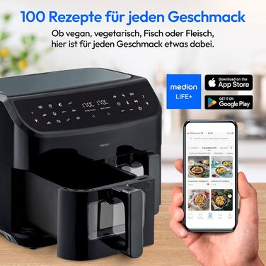 Аерофритюрниця MEDION P20 XXL, 8.7 л, 2600 Вт, подвійна камера, 9 програм, 2 кошики, чорна