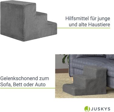 Juskys Pet Stairs Dog Stairs 36 cm - 3-Step Stairs, Washable Plush Cover - Cat Stairs Dog Ramp for Bed, Sofa, Couch and Car - Cover Grey