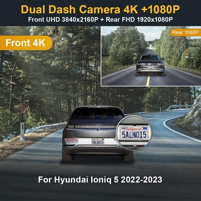 Автореєстратор Fitcamx 4K UHD для Hyundai IONIQ 5 2022-2024 SEL Limited (з автозатемненням), OEM відеореєстратор з WiFi, нічним режимом, G-сенсором, WDR, Plug & Play, 64GB, фронтальна 4K та задня 1080P камера