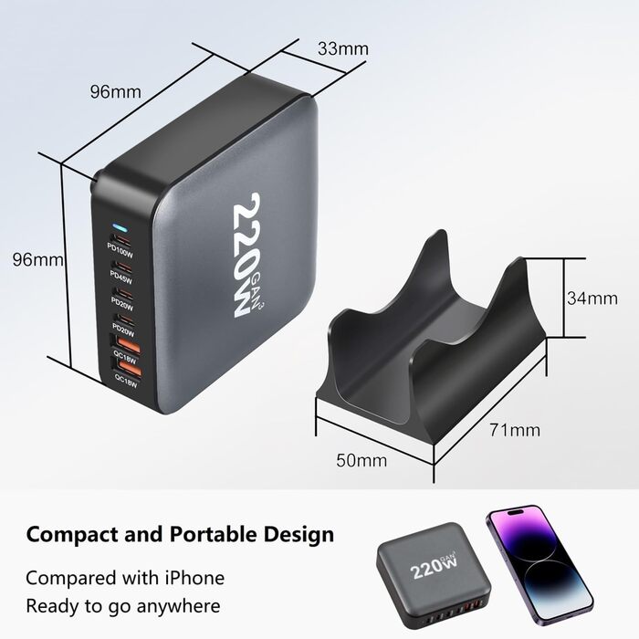 Зарядний пристрій USB C 220W, 6 портів GaN III, швидка зарядка PD + QC для iPhone, Samsung, iPad, MacBook Pro, Dell – Чорний + Кабель USB C 100W 1.5м