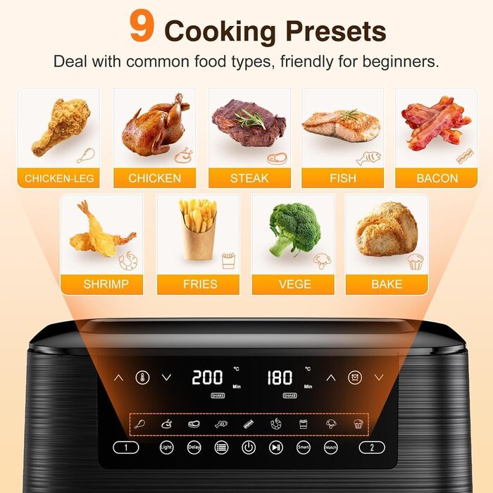 Дво-зонна аерофритюрниця з віконцем, 9 л XL, подвійний Airfryer з двома кошиками, 9-в-1, сенсорне керування, таймер, розумна, для здорового приготування без олії