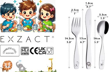 Набір дитячого столового прибору EXZACT Kinderbesteck Set 18-ти частинний з нержавіючої сталі для дітей від 2 років - з гравіюванням, придатний для миття в посудомийній машині (Safari X 18)