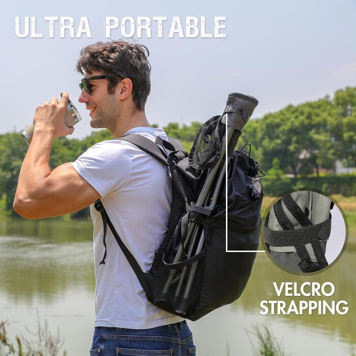 Складаний табурет EVER ADVANCED для кемпінгу, риболовлі та походів. Легкий, міцний (102 кг), з кишенею, чорно-сірий