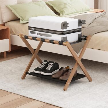 Smuxee Walnut Bamboo Luggage Rack for Guest Rooms, Folding Suitcase Stand with Storage Shelf, Lightweight Assembled Luggage Rack with 5 Nylon Straps for Guest Rooms Bedrooms Hotel