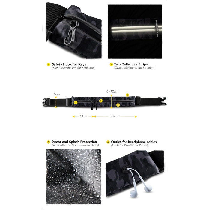 Пояс для телефону Fitgriff® - бігова сумка, поясна сумка, спортивний пояс, біговий ремінь для бігу, спорту, фітнесу. Підходить для всіх смартфонів S–M (62–90 см обхват талії), M-L (85–120 см обхват талії), Camo-black