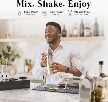 Bare Barrel Pro Cocktail Set - 14-Piece Boston Shaker Set with Stand & Recipe Cards - Bar Accessories - 24oz Cobbler Shaker (Jet Black, Silver, Black)