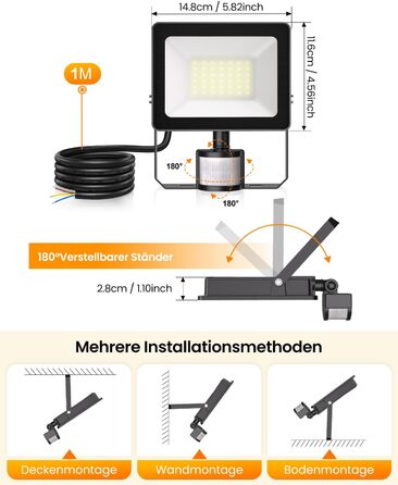 MEIKEE 60W LED Flood Light with Motion Sensor, 5900LM, 6500K Cool White, 3 Modes, 10 Brightness Levels, LED Spotlight with Sensor, IP66 Waterproof, Spotlight for Garden, Garage, Sports Field (35.0 Watt)
