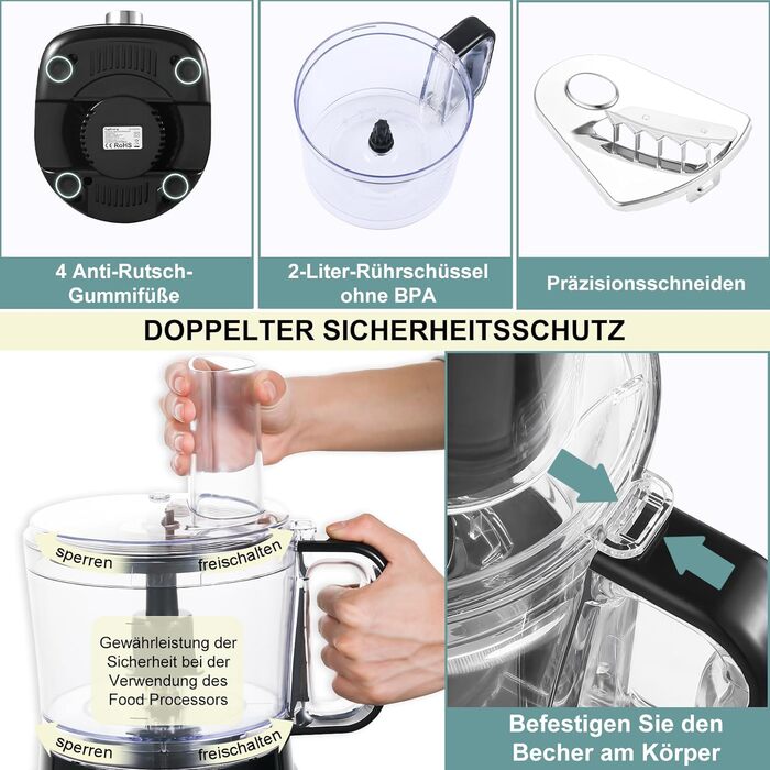 Кухонний комбайн TopStrong 800 Вт, подрібнювач 2 л, 3 швидкості, чорний, компактний кухонний процесор, міксер та тістоміс
