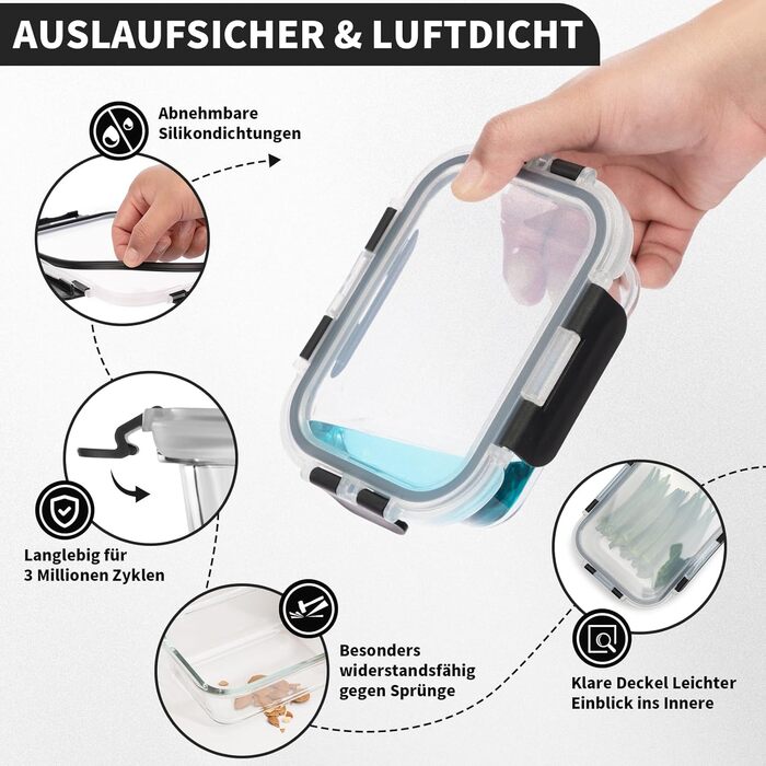 Набір контейнерів для зберігання Glas Frischhaltedosen Set з боросилікатного скла з кришкою, BPA-free, герметичні, для мікрохвильової печі, духовка, посудомийна машина – контейнери для Meal Prep для кухні, офісу (SA1637-black)