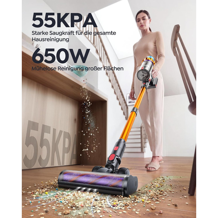Акумуляторний пилосос Fieety 55КПа/650Вт, бездротовий вертикальний пилосос з автоматичним режимом, контейнером 1.8л, шлангом 1.5м та функцією ароматизації, для килимів, твердих підлог та авто, Gold