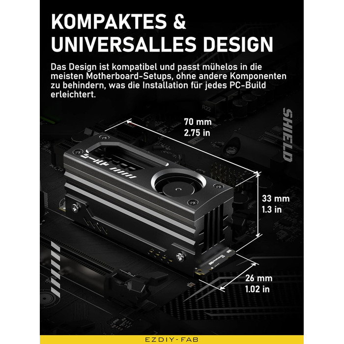 Радіатор охолодження M.2 SSD EZDIY-FAB з вбудованим 20mm PWM вентилятором, преміум-алюмінієвий дизайн, високопродуктивний кулер для M.2 2280 - Чорний - 1 шт.