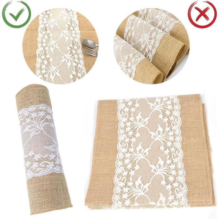 Jute Table Runner with Lace White 30CMx10M Jute Ribbon Rustic Burlap Lace Wedding for Festival Event Table Decoration Christmas Decoration Birthday (Jute and Lace)