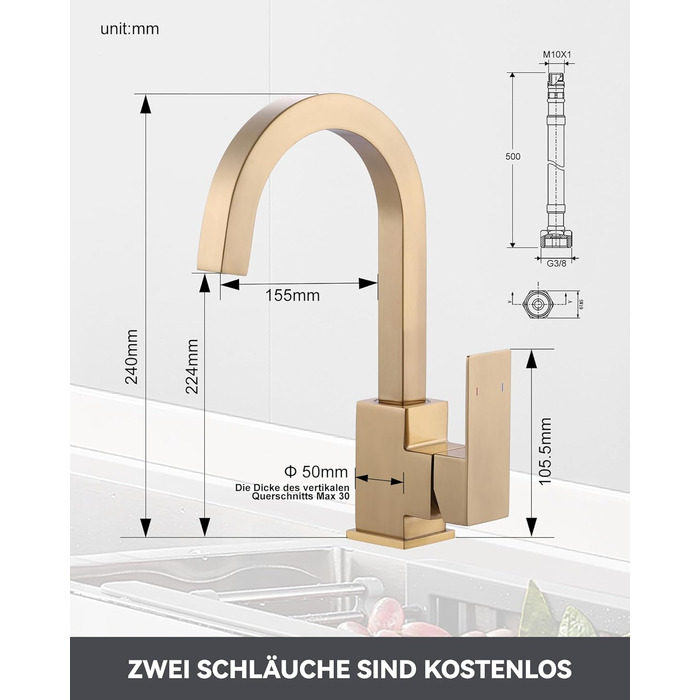 Кран кухонний поворотний 360°, з нержавіючої сталі, для кухні, вантажівки, ванної кімнати (B Gold)