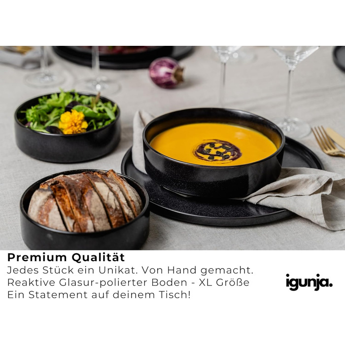Igunga Stoneware Dinnerware Set - 12 Piece Service for 4 | Reactive Glaze, Matte Black & Glossy Interior Bowls | Premium Handcrafted Tableware