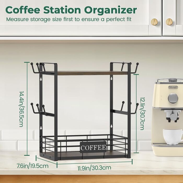 EsLuker.ly 2-Tier Mug Holder and Cup Stand, Mug Shelf for Coffee Cups, Coffee Organizer for Countertop, Coffee Station Organizer with Mug Holder, Vintage Brown-Black (14''H, Brown + Black)