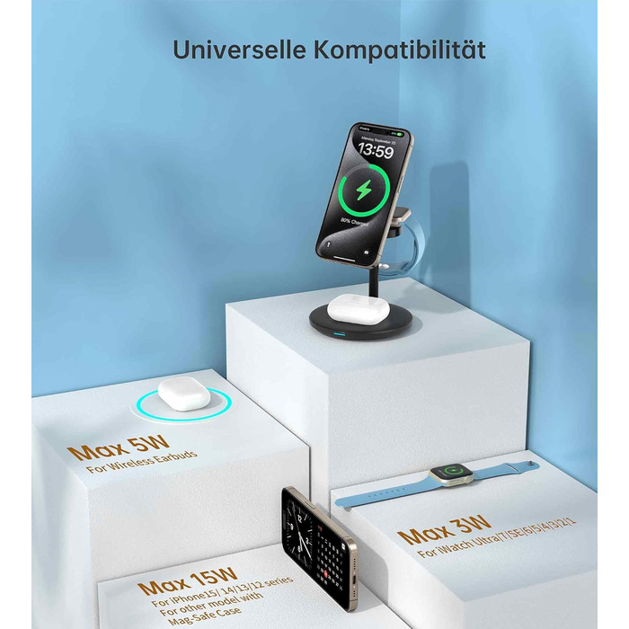 3-в-1 індукційна зарядка для декількох пристроїв, 15W MagSafe зарядка для iPhone 15/14, MagSafe зарядний пристрій для iWatch Ultra 2/1/Series 9/8, AirPods, білий/чорний