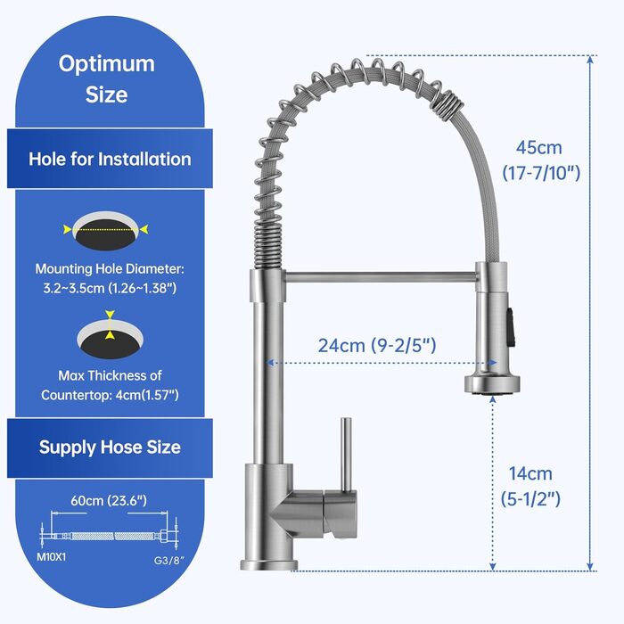 Кухонний змішувач Appaso з висувною лійкою, високотискний, 2 режими, 360° обертання, нержавіюча сталь, без свинцю та нікелю