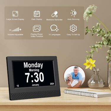 Ykall 7-Inch Digital Calendar Clock for Seniors, Alarm Clock with Reminder Function, Clear Day/Date and Time, Large Display, Ideal for Dementia and Alzheimer's Patients