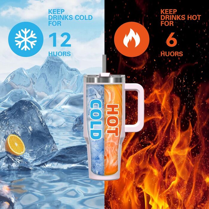 Термокружка WATERSY 40oz з нержавіючої сталі, 591 мл, з подвійними стінками, з ручкою та трубочкою, для гарячих та холодних напоїв (колір: рожевий)