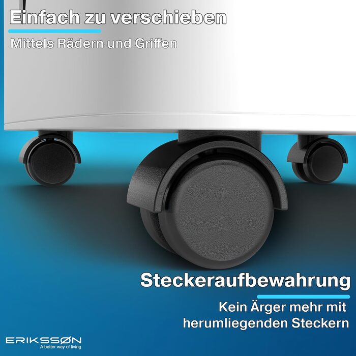 Зволожувач повітря Erikssøn з LED-дисплеєм, таймером та захистом для дітей | Видаляє 16л вологи на добу | Для приміщень до 140м³ (70м²) | Енергоефективний зволожувач повітря з датчиком вологості, білий