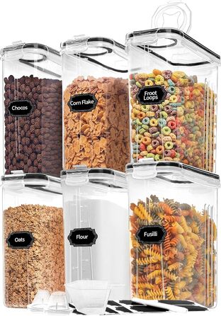 Skroam Muesli Containers, 6 Pack, Airtight Food Storage Containers with Lids, Plastic, Cereal Dispenser for Kitchen and Pantry, Organizer and Storage, Measuring Cup and 20 Labels