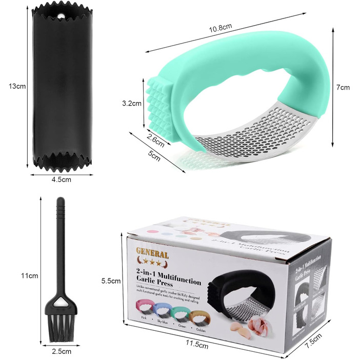 Пресувалка для часнику Bemodst з нержавіючої сталі 304, 2-в-1 (очищувач часнику), ергономічна, легка у використанні та чищенні