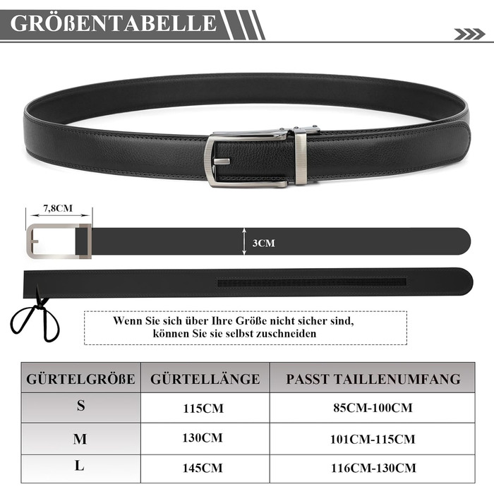 Чоловічий шкіряний ремінь JasGood з автоматичною пряжкою, 33 мм, для костюма, офісний та повсякденний (чорний, 145 см, обхват талії 116-130 см)