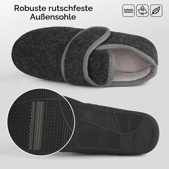 Чоловічі теплі домашні капці TIESTRA з ефектом пам'яті Memory Foam, флісові тапочки для літніх людей з широкою колодкою та застібкою-липучкою, чорні (42 EU)