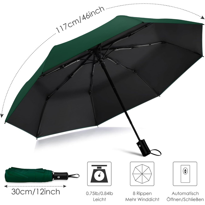 Зонт від сонця та дощу 42/46 дюймів, штормовий, автоматичний, з 8 ребрами для чоловіків та жінок (темно-зелений)