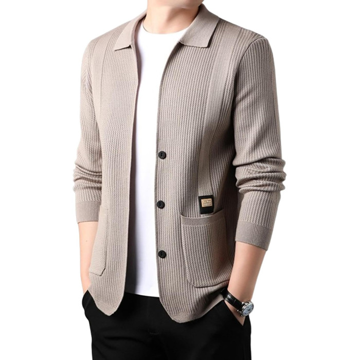 Чоловічий в'язаний жакет з ревером та довгими рукавами, з кишенями, бежевий, для осені