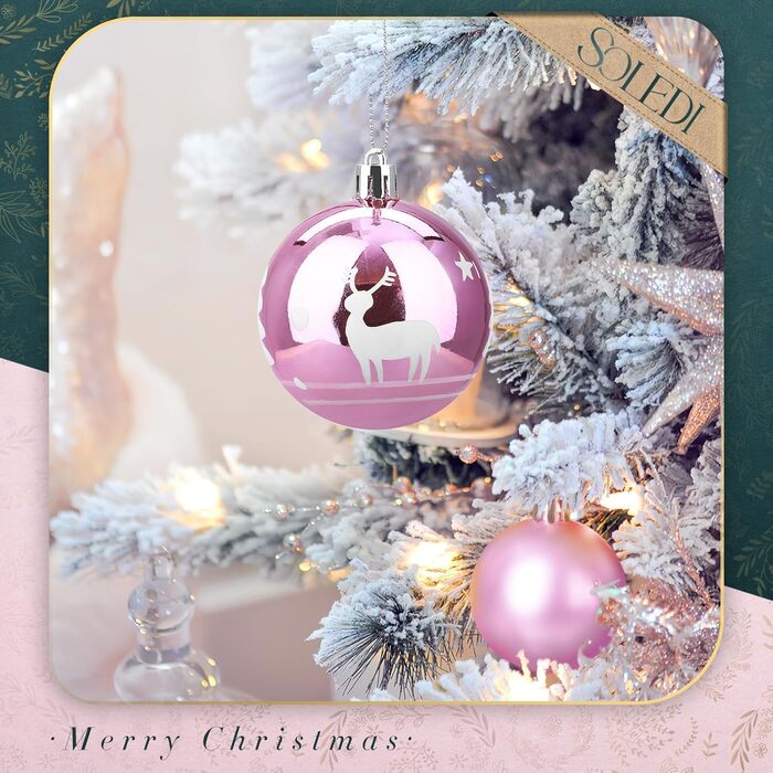 Набір ялинкових прикрас SOLEDI® 128шт. Преміум якість: рожеві та білі пластикові кулі з зіркою та верхівкою. Міцний та безпечний набір прикрас з петельками. Яскраві ялинкові кулі, багаторазовий декор для Різдва.