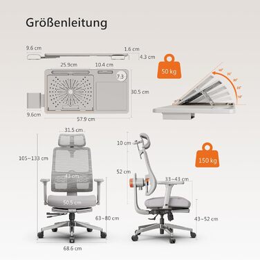 Офісне крісло Newtral MAGICH-PRO з підніжкою, ергономічне, з динамічною підголівником та поперековою підтримкою (сірий)